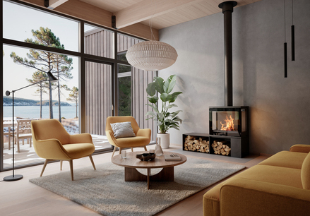 600 ART Kaminofen im modernen Wohnzimmer Holz-Kaminofen 600 ART im modernen Wohnzimmer mit gelben Möbeln und grosser Fensterfront