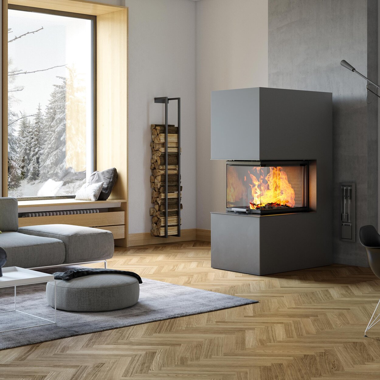 Holz-Kamin VISIO 3:1 ST teilt als freistehender, fertig eingebauter Kamin Räume intelligent auf und präsentiert das Flammenbild auf alle Seiten
