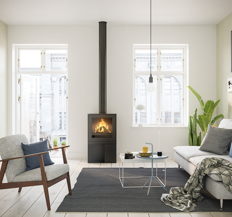 Q-TEE 2 GAS mit Stahltür Gas-Kaminofen Q-TEE 2 mit Stahltür und praktischem Sockel in stylischer Wohnung mitten in der Stadt