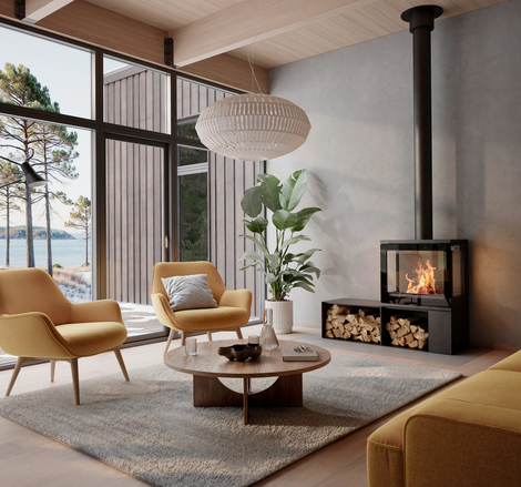 600 ART Kaminofen im modernen Wohnzimmer Holz-Kaminofen 600 ART im modernen Wohnzimmer mit gelben Möbeln und grosser Fensterfront