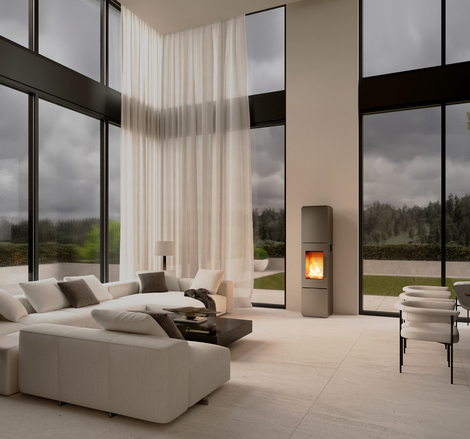 OPAL in Platin Holz Kaminofen OPAL in der Farbe Platin im luxuriösem Wohnzimmer